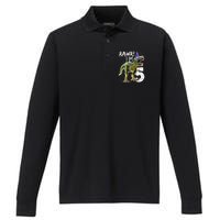 K.i.d.s Rawr I'm 5 5th Birthday Party T Rex Dinosaur Gift for b.o.y.s Performance Long Sleeve Polo