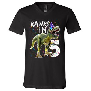 K.i.d.s Rawr I'm 5 5th Birthday Party T Rex Dinosaur Gift for b.o.y.s V-Neck T-Shirt