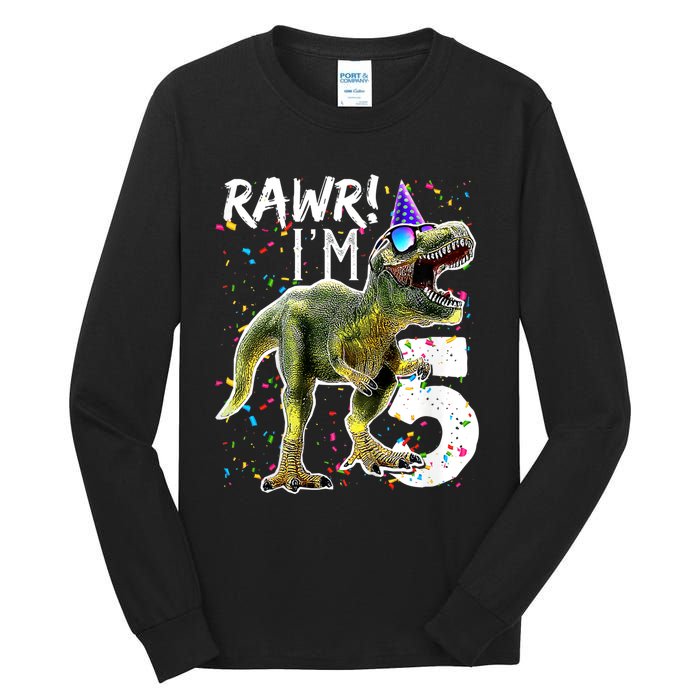 K.i.d.s Rawr I'm 5 5th Birthday Party T Rex Dinosaur Gift for b.o.y.s Tall Long Sleeve T-Shirt