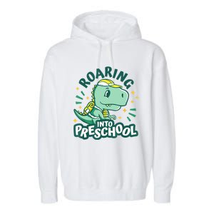 Kids Roaring Into Preschool Dinosaur T Rex Back To School Garment-Dyed Fleece Hoodie