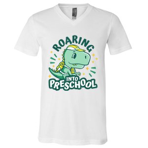 Kids Roaring Into Preschool Dinosaur T Rex Back To School V-Neck T-Shirt