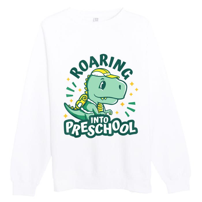 Kids Roaring Into Preschool Dinosaur T Rex Back To School Premium Crewneck Sweatshirt