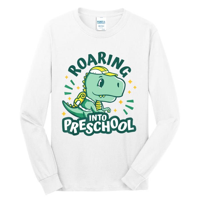 Kids Roaring Into Preschool Dinosaur T Rex Back To School Tall Long Sleeve T-Shirt