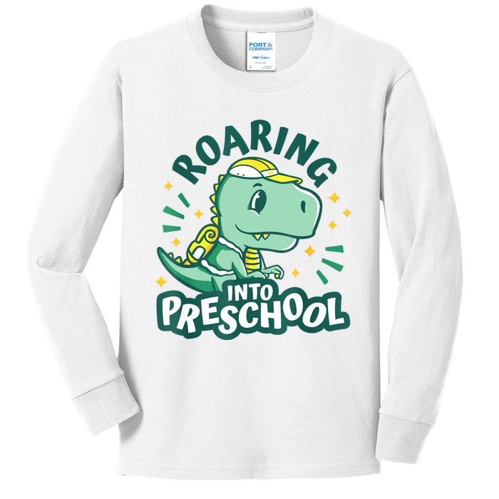 Kids Roaring Into Preschool Dinosaur T Rex Back To School Kids Long Sleeve Shirt