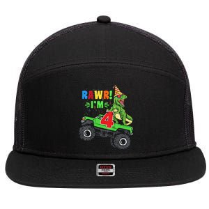 Kid Rawr Im 4 Dinosaur T Rex Monster Truck 4th Birthday boy 7 Panel Mesh Trucker Snapback Hat