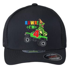 Kid Rawr Im 4 Dinosaur T Rex Monster Truck 4th Birthday boy Flexfit Unipanel Trucker Cap