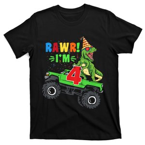 Kid Rawr Im 4 Dinosaur T Rex Monster Truck 4th Birthday boy T-Shirt