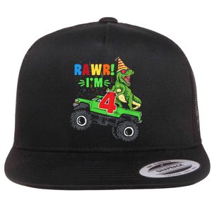 Kid Rawr Im 4 Dinosaur T Rex Monster Truck 4th Birthday boy Flat Bill Trucker Hat