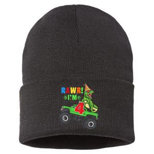 Kid Rawr Im 4 Dinosaur T Rex Monster Truck 4th Birthday boy Sustainable Knit Beanie