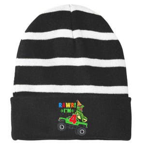 Kid Rawr Im 4 Dinosaur T Rex Monster Truck 4th Birthday boy Striped Beanie with Solid Band