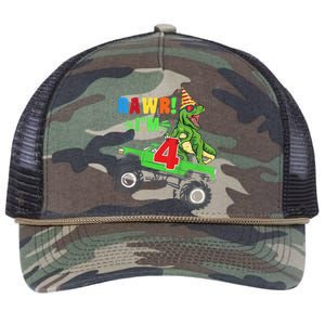 Kid Rawr Im 4 Dinosaur T Rex Monster Truck 4th Birthday boy Retro Rope Trucker Hat Cap