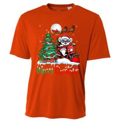 Koala Riding Motorcycle Xmas Santa Hat Merry Christmas Koala Gift Cooling Performance Crew T-Shirt