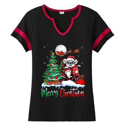 Koala Riding Motorcycle Xmas Santa Hat Merry Christmas Koala Gift Ladies Halftime Notch Neck Tee