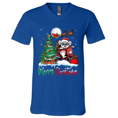 Koala Riding Motorcycle Xmas Santa Hat Merry Christmas Koala Gift V-Neck T-Shirt