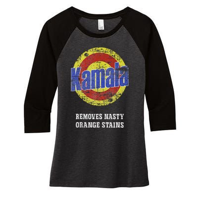 Kamala Removes Nasty Orange Stains Women's Tri-Blend 3/4-Sleeve Raglan Shirt