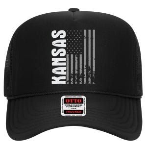 Kansas Retro Style Distressed Usa Flag Patriot High Crown Mesh Back Trucker Hat