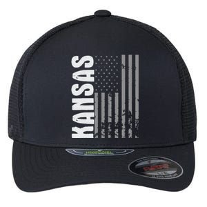 Kansas Retro Style Distressed Usa Flag Patriot Flexfit Unipanel Trucker Cap