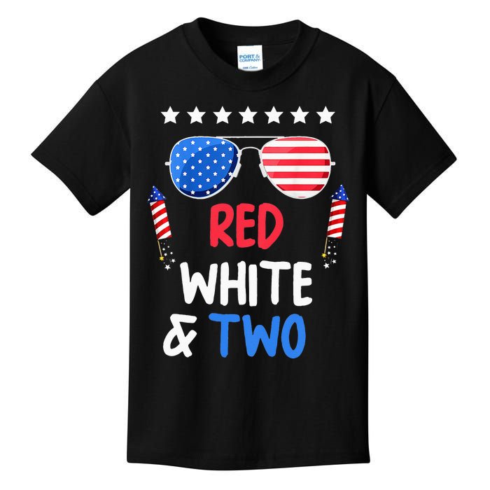 Kids Red White & Two 2nd Birthday 4th Of July Independence Day Kids T-Shirt