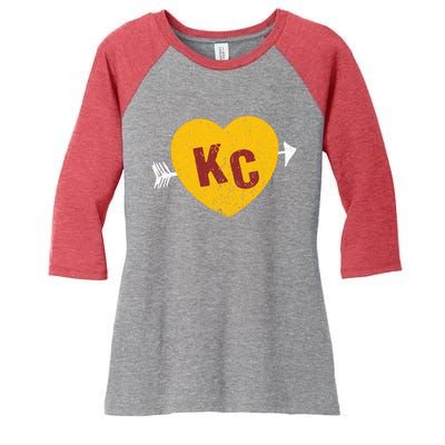 Kc Red & Yellow Heart & Arrow Kc Kansas City 2 Letter Kc Women's Tri-Blend 3/4-Sleeve Raglan Shirt