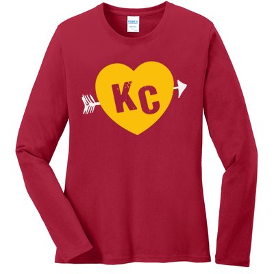 Kc Red & Yellow Heart & Arrow Kc Kansas City 2 Letter Kc Red Ladies Long Sleeve Shirt