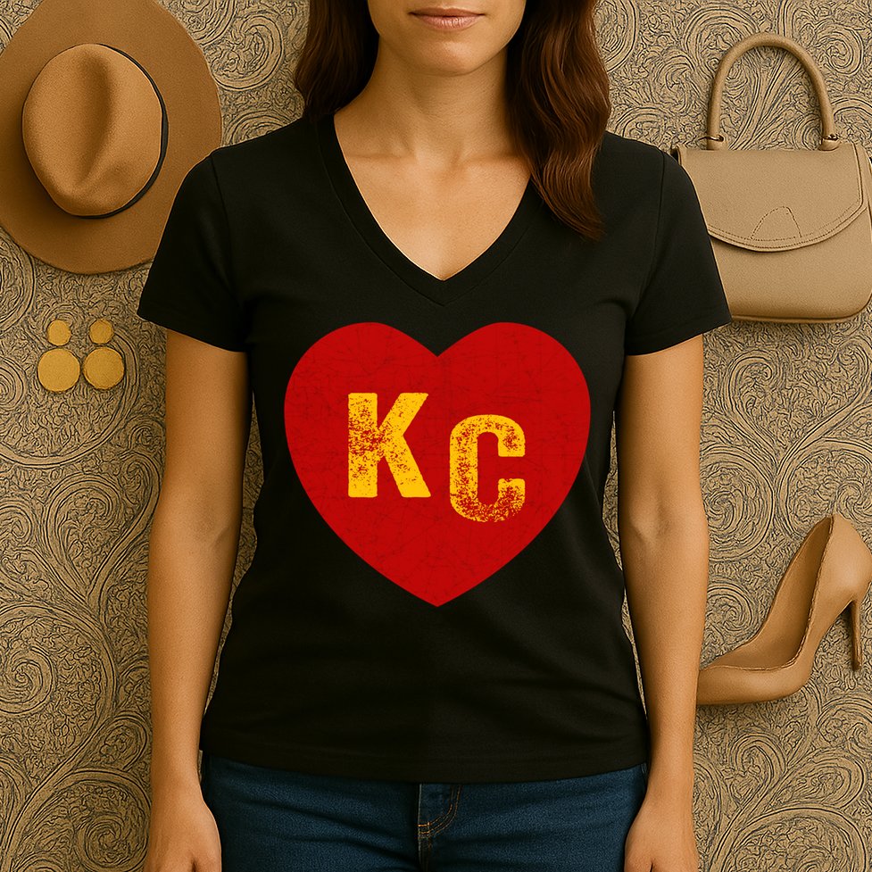 KC Red & Yellow Heart Kansas City Red/yellow heart kc red kc Women's V-Neck T-Shirt