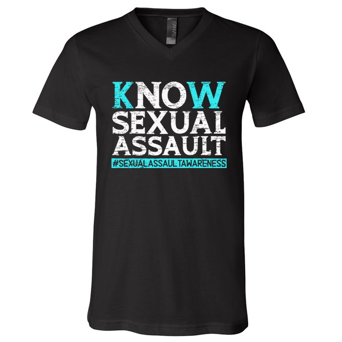 Know Sexual Assault Awareness Stop The Violence Teal Ribbon V-Neck T-Shirt