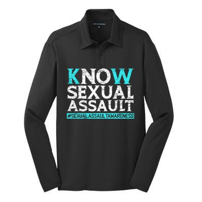 Know Sexual Assault Awareness Stop The Violence Teal Ribbon Silk Touch Performance Long Sleeve Polo