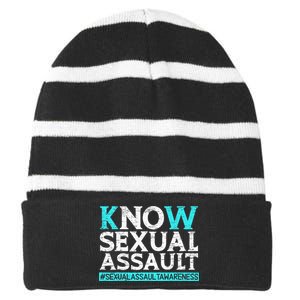 Know Sexual Assault Awareness Stop The Violence Teal Ribbon Striped Beanie with Solid Band