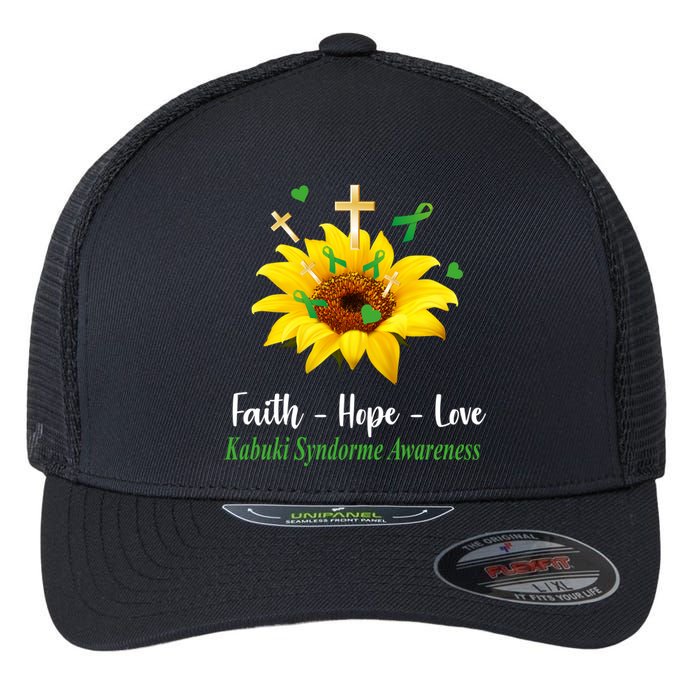 Kabuki Syndrome Awareness Faith Hope Love Sunflower Flexfit Unipanel Trucker Cap