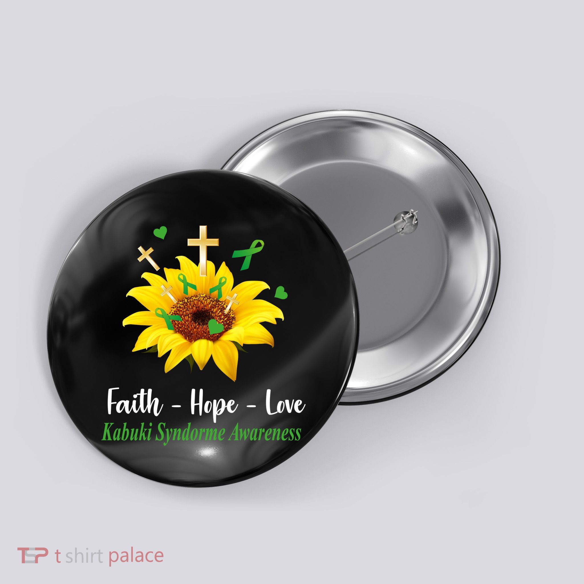 Kabuki Syndrome Awareness Faith Hope Love Sunflower Button