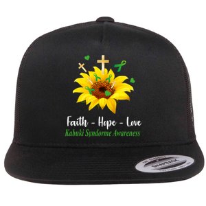 Kabuki Syndrome Awareness Faith Hope Love Sunflower Flat Bill Trucker Hat