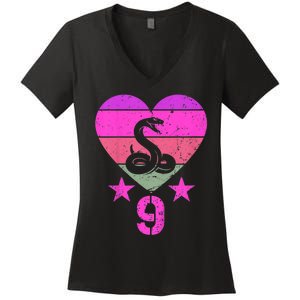 Kids Snake Birthday 9 Year Old Boy Girl Snake 9th Birthday Women's V-Neck T-Shirt