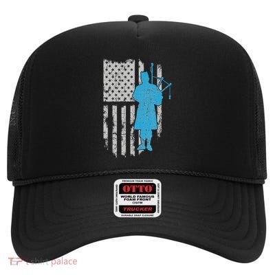Kilt Scottish Blow Bagpipe Flag America Gift For Bagpiper High Crown Mesh Back Trucker Hat