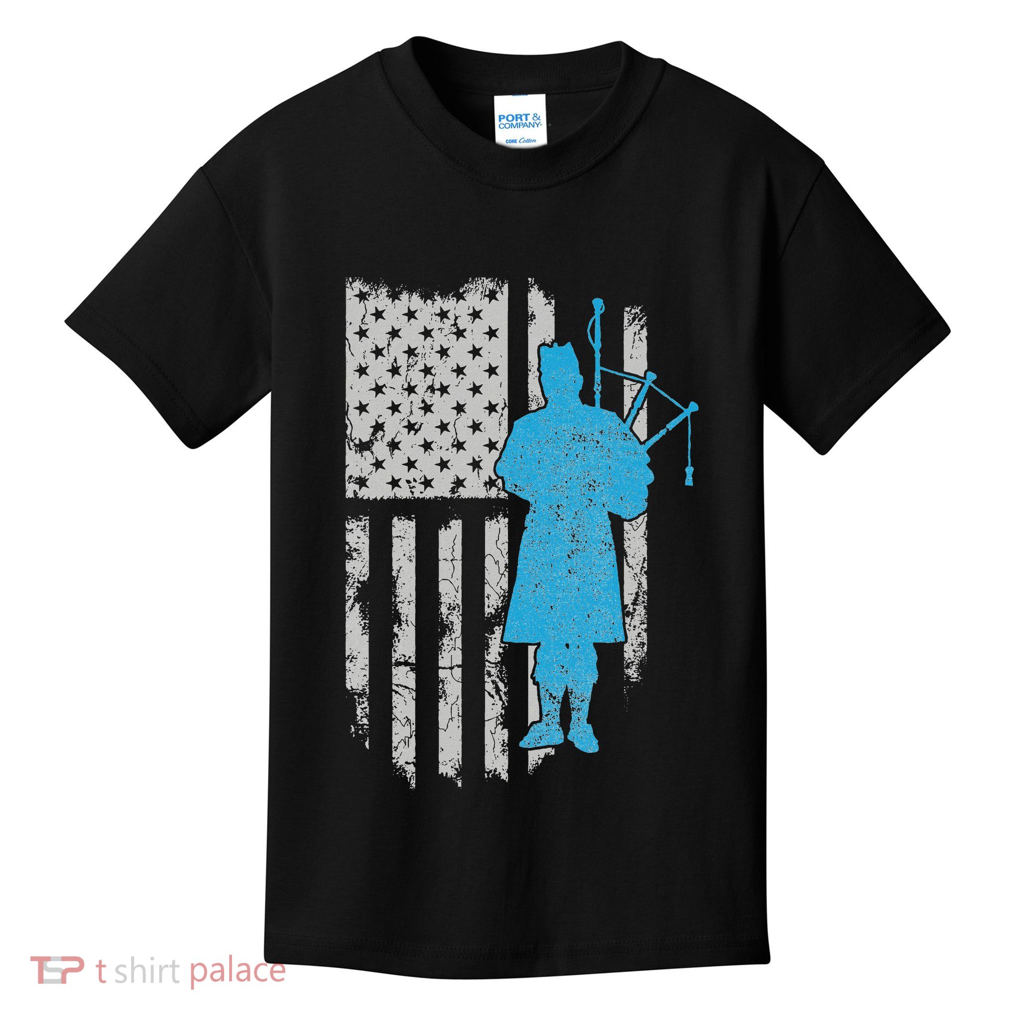 Kilt Scottish Blow Bagpipe Flag America Gift For Bagpiper Kids T-Shirt