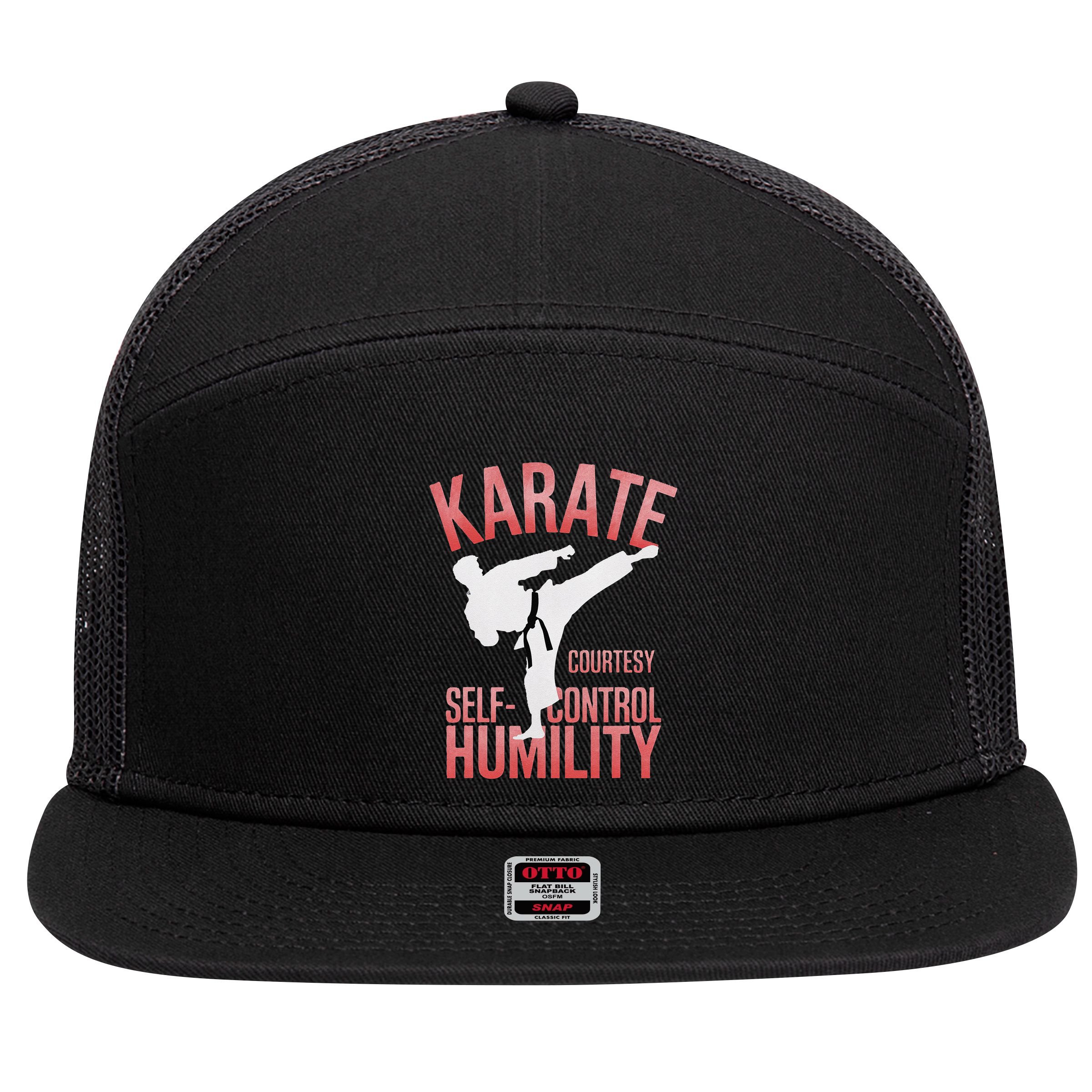 Karate Silhouette Courtesy & Discipline 7 Panel Mesh Trucker Snapback Hat