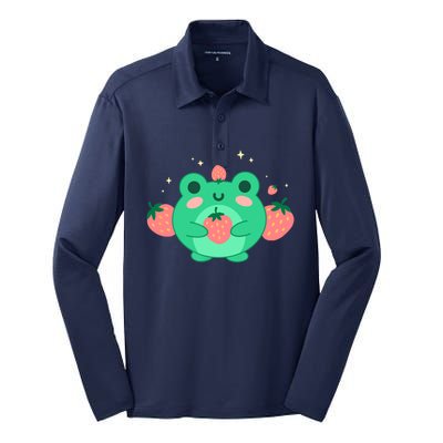 Kawaii Strawberry Frog Cute Retro Japanese Aesthetic Silk Touch Performance Long Sleeve Polo