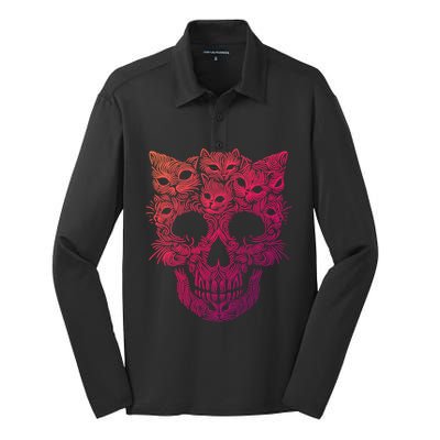 Kitten Skeleton Halloween Costume Skull Cats Gift Silk Touch Performance Long Sleeve Polo