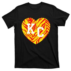 Kc Striped Heart Kansas City 2 Letter Kc Zebra Kc Red Yellow T-Shirt