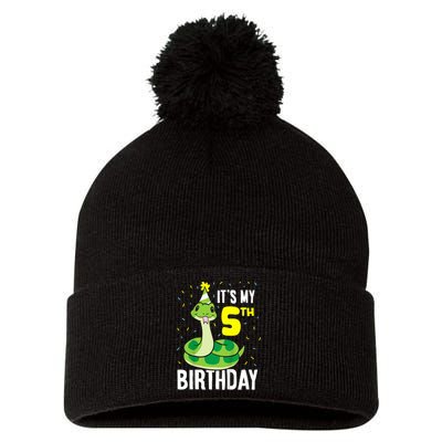 Kids Snakes Its My 5th Birthday 5 Year Old Birthday Pom Pom 12in Knit Beanie