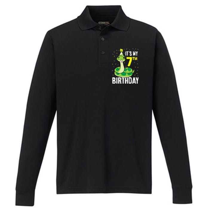 Kids Snakes Its My 7th Birthday 7 Year Old Birthday Performance Long Sleeve Polo