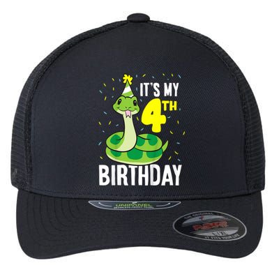 Kids Snakes Its My 4th Birthday 4 Year Old Birthday Flexfit Unipanel Trucker Cap