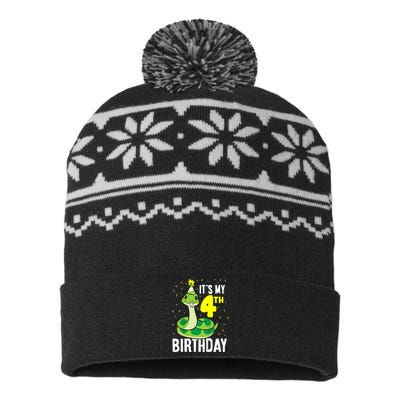 Kids Snakes Its My 4th Birthday 4 Year Old Birthday USA-Made Snowflake Beanie