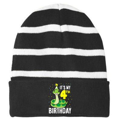 Kids Snakes Its My 4th Birthday 4 Year Old Birthday Striped Beanie with Solid Band