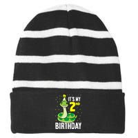 Kids Snakes Its My 2nd Birthday 2 Year Old Birthday Striped Beanie with Solid Band