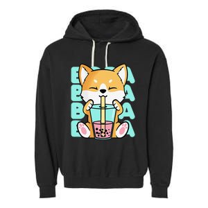 Kawaii Shiba Inu Dog Bubble Tea Boba Anime Neko Japan Garment-Dyed Fleece Hoodie