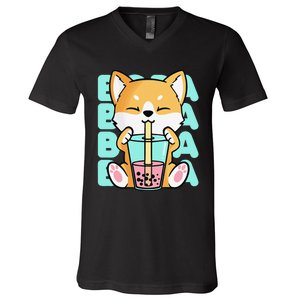 Kawaii Shiba Inu Dog Bubble Tea Boba Anime Neko Japan V-Neck T-Shirt