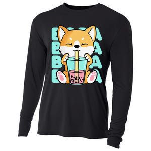 Kawaii Shiba Inu Dog Bubble Tea Boba Anime Neko Japan Cooling Performance Long Sleeve Crew