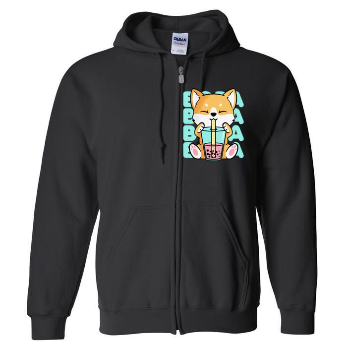 Kawaii Shiba Inu Dog Bubble Tea Boba Anime Neko Japan Full Zip Hoodie