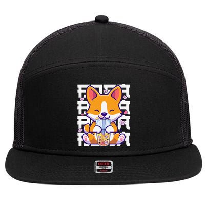 Kawaii Shiba Inu Dog Bubble Tea Boba Anime 7 Panel Mesh Trucker Snapback Hat