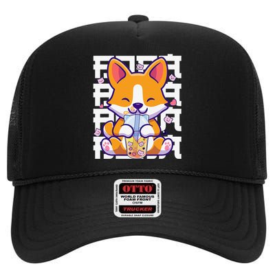 Kawaii Shiba Inu Dog Bubble Tea Boba Anime High Crown Mesh Back Trucker Hat